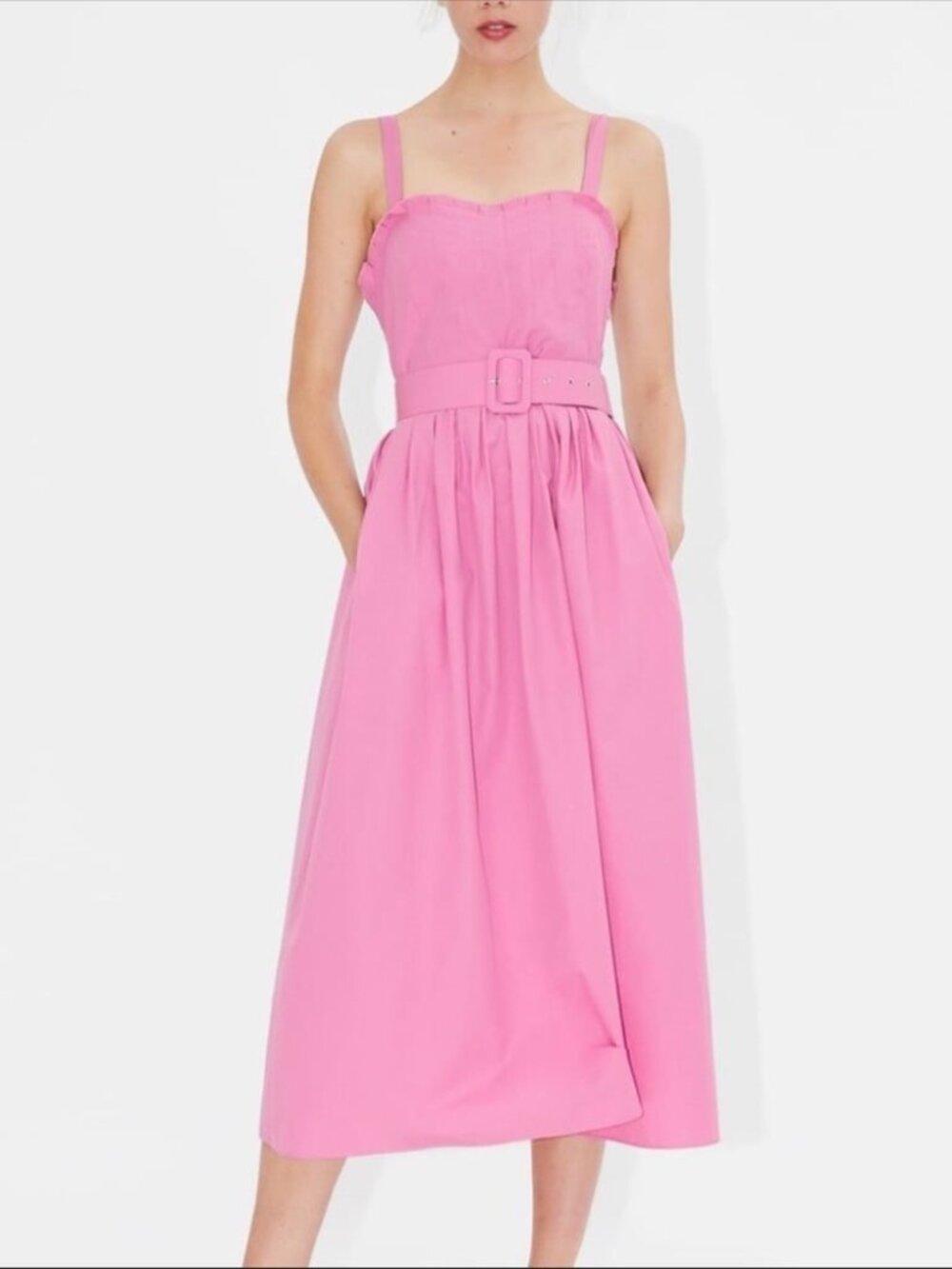 Zara Pink Belted Midi Dress - Picture 3 of 14